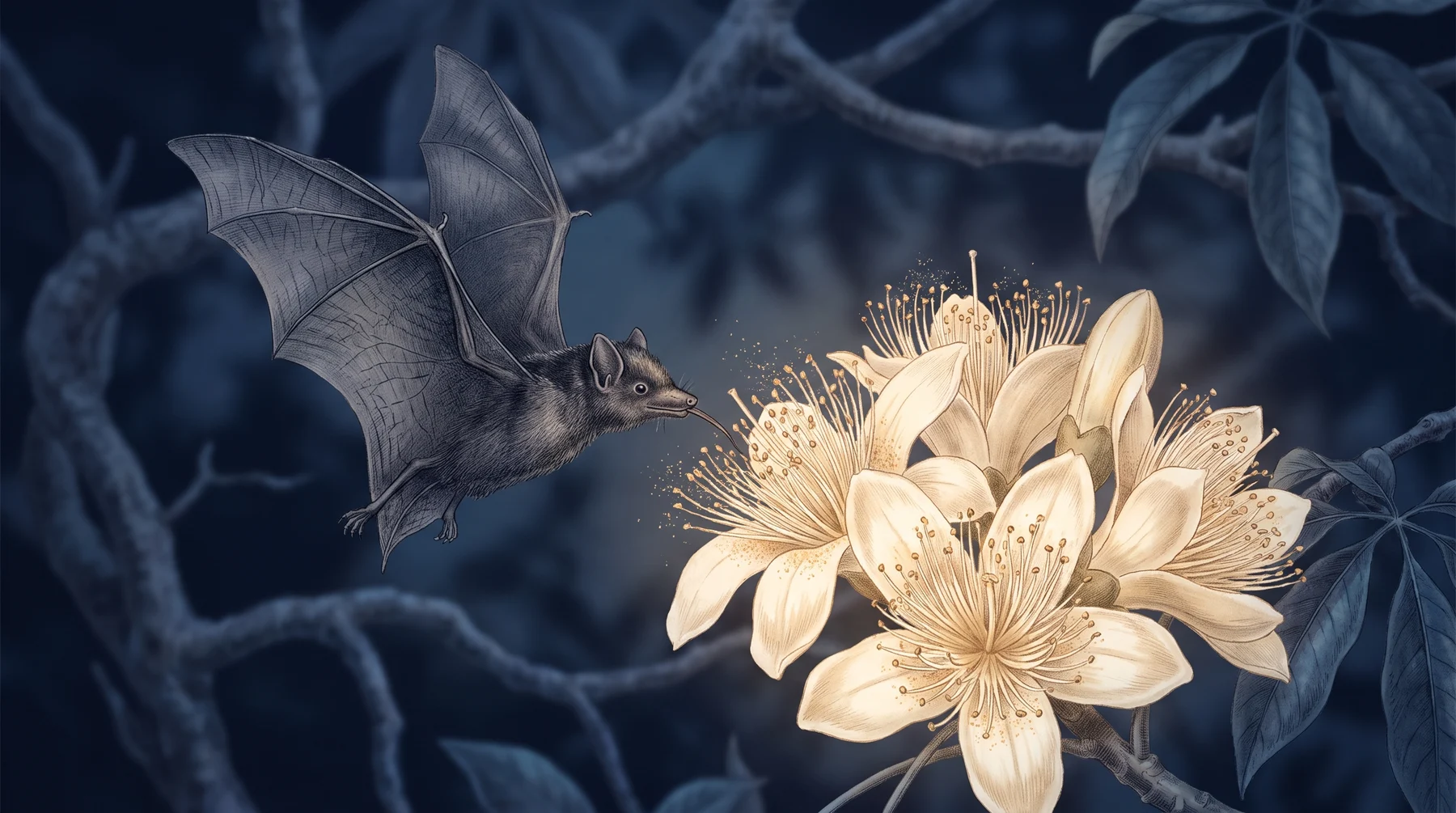 Ilustración de un murciélago acercándose a flores claras de ceiba durante la noche.