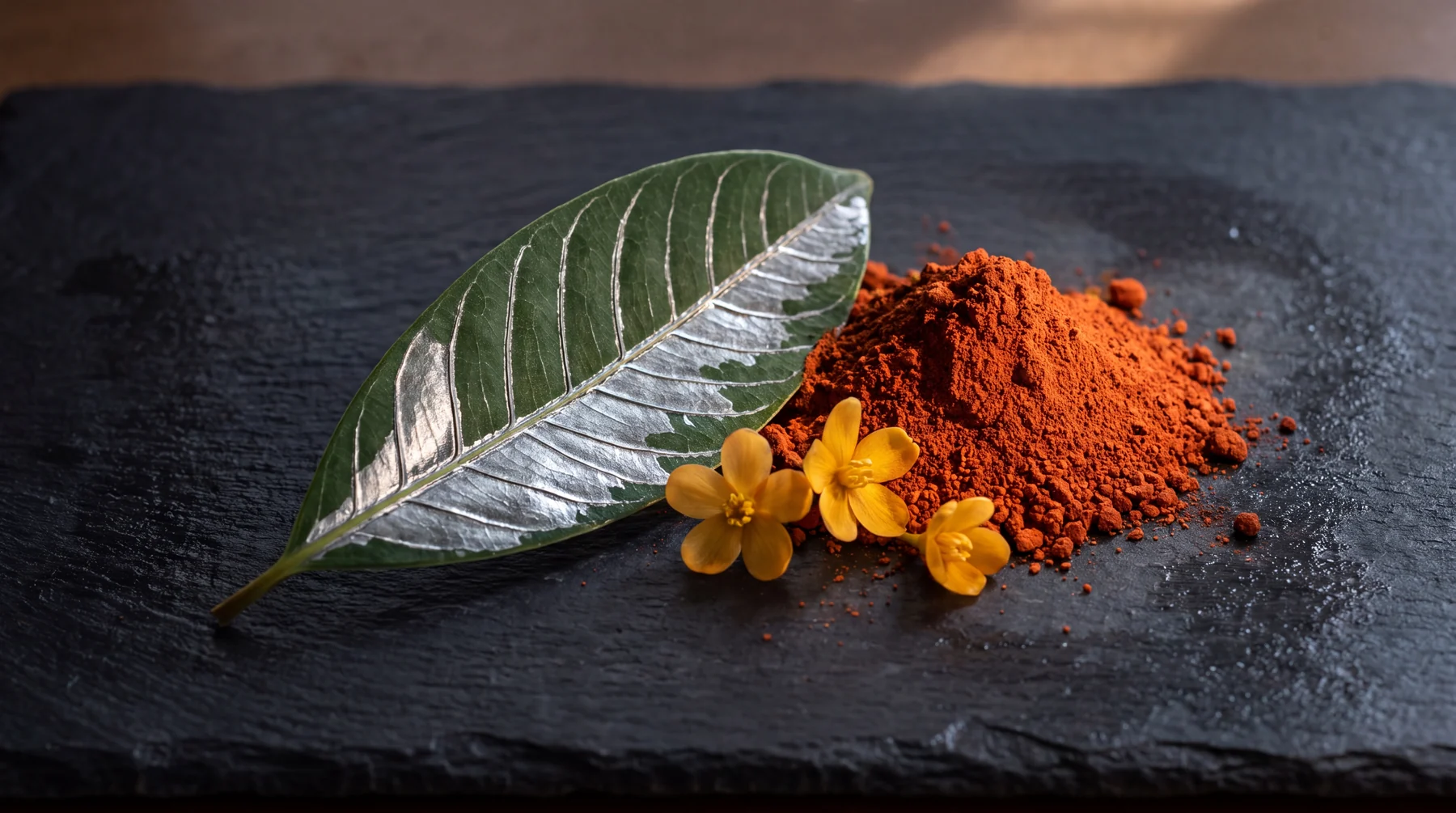 Ilustración conceptual: una hoja verde con nervaduras plateadas, como de aluminio, junto a un montón de arcilla roja y tres flores amarillas sobre una pizarra oscura.