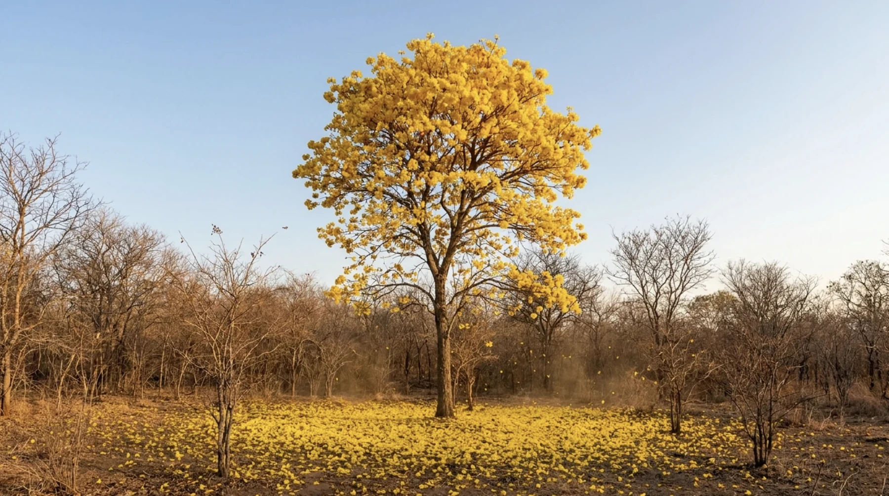 Ilustración conceptual de un cortez amarillo en flor en un bosque seco sin hojas, con flores caídas sobre el suelo.