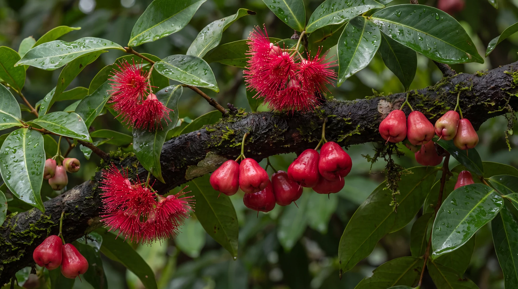 Conceptual illustration of crimson Malay apple flowers and fruit on a mature branch.