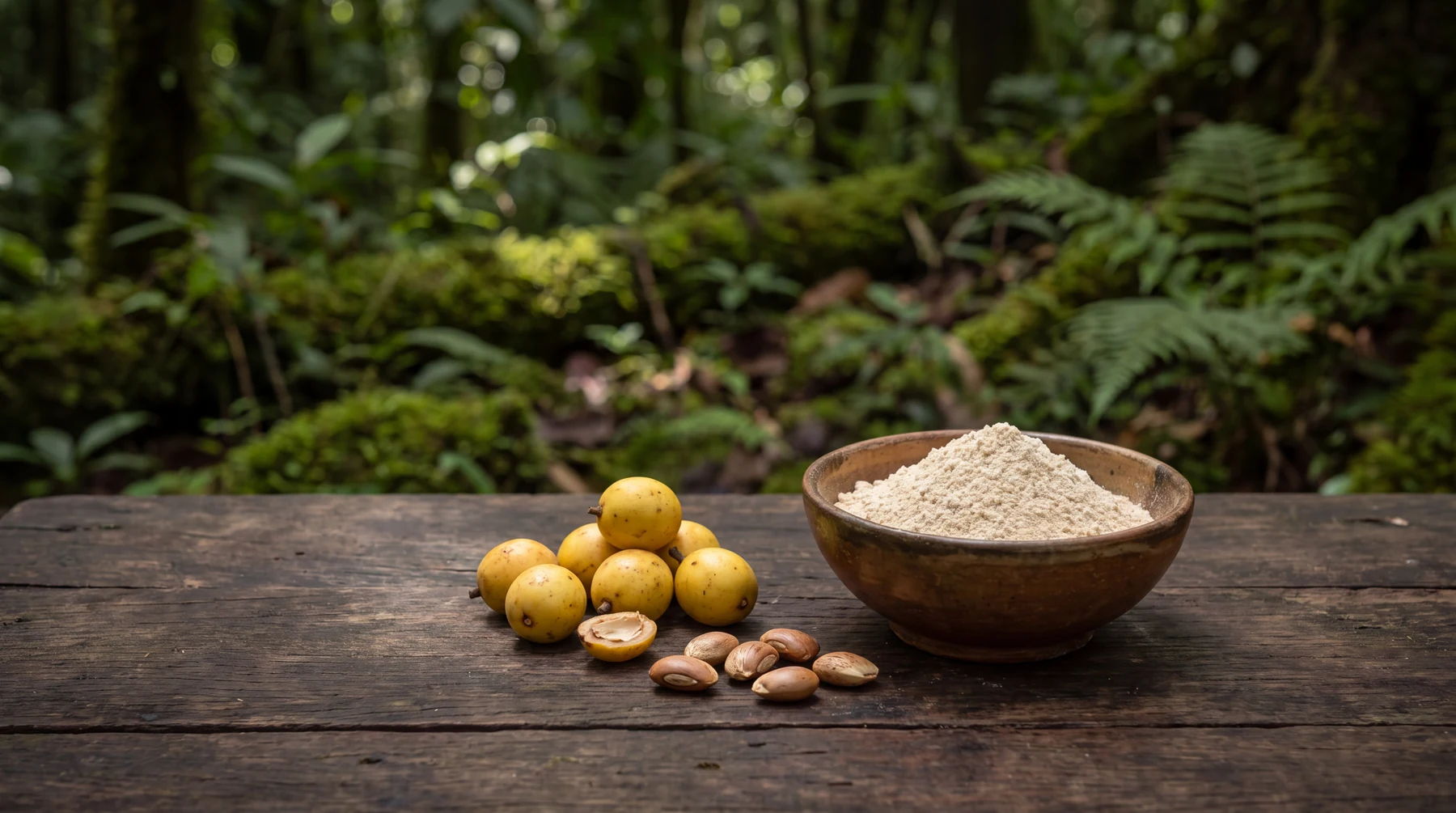 Conceptual illustration of ramón fruit and seeds beside milled flour in a tropical forest setting.
