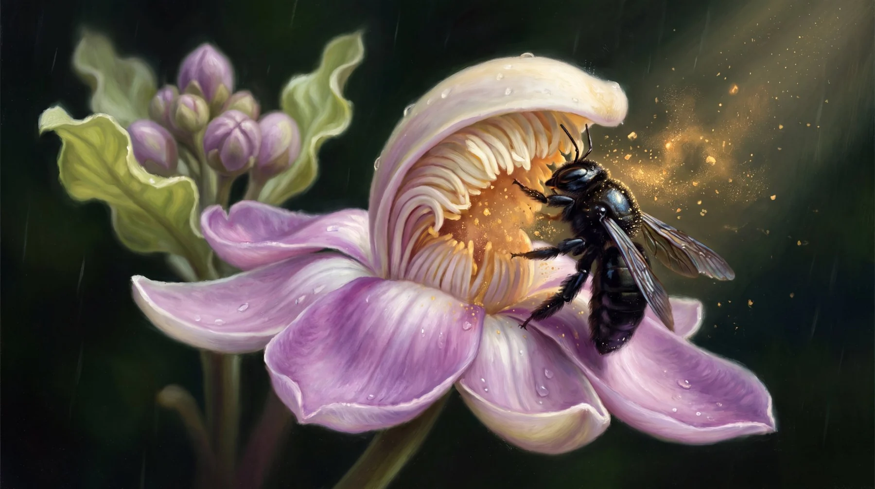 Conceptual illustration: a black carpenter bee pushes open the curved hood of a lilac monkey pot flower, raising a cloud of golden pollen beside a cluster of buds.