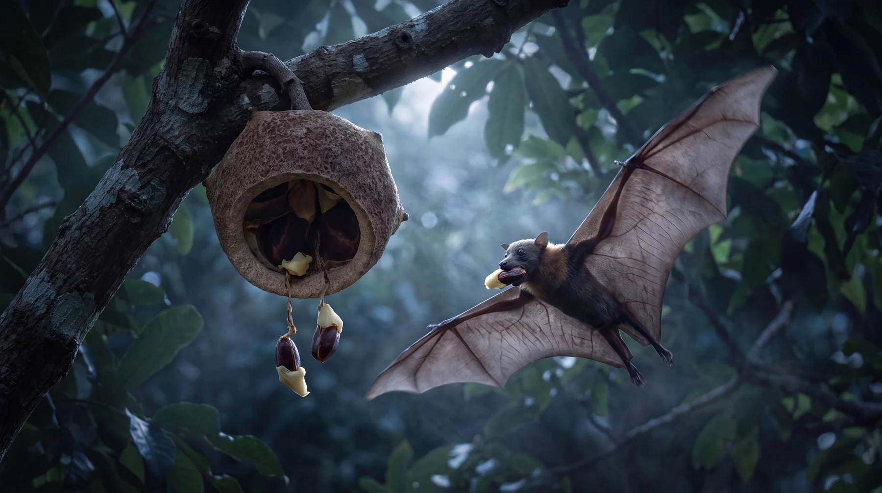 Conceptual illustration: at night in the forest canopy, a bat flies away with a seed wrapped in a white aril, next to an open woody monkey pot fruit hanging from a branch.
