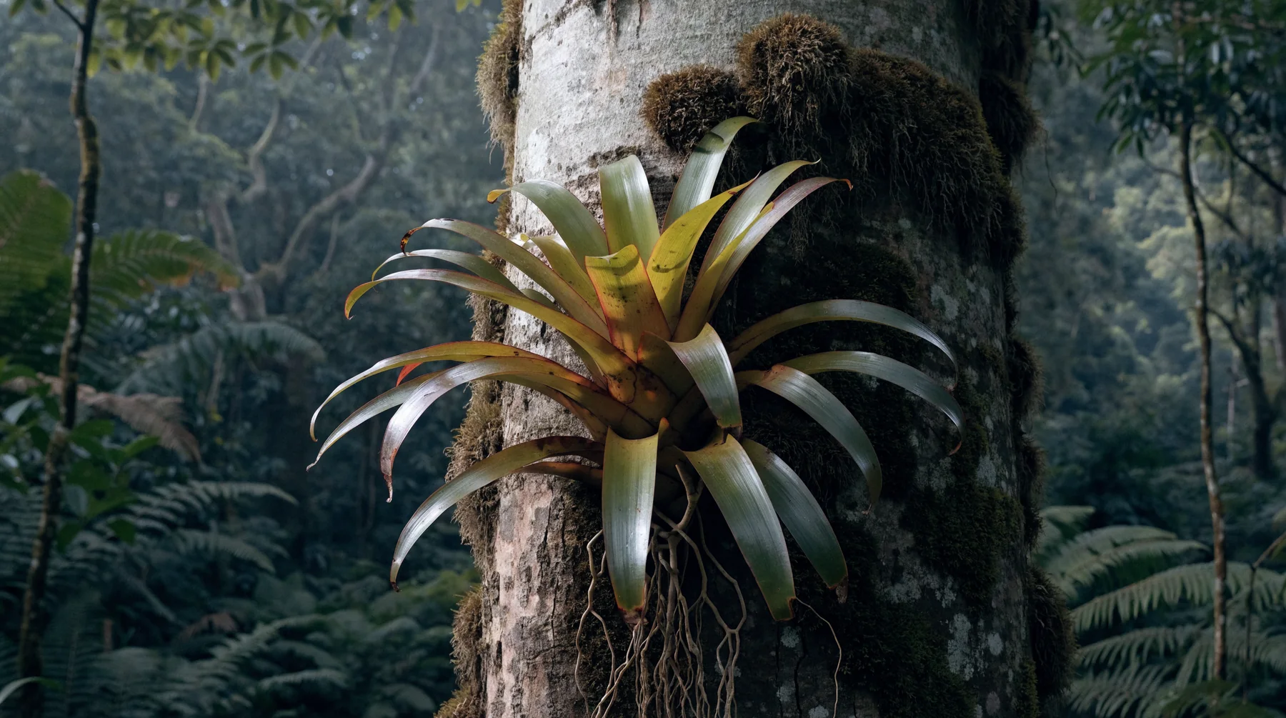 Conceptual illustration of a bromeliad growing on the damp trunk of a tropical tree.