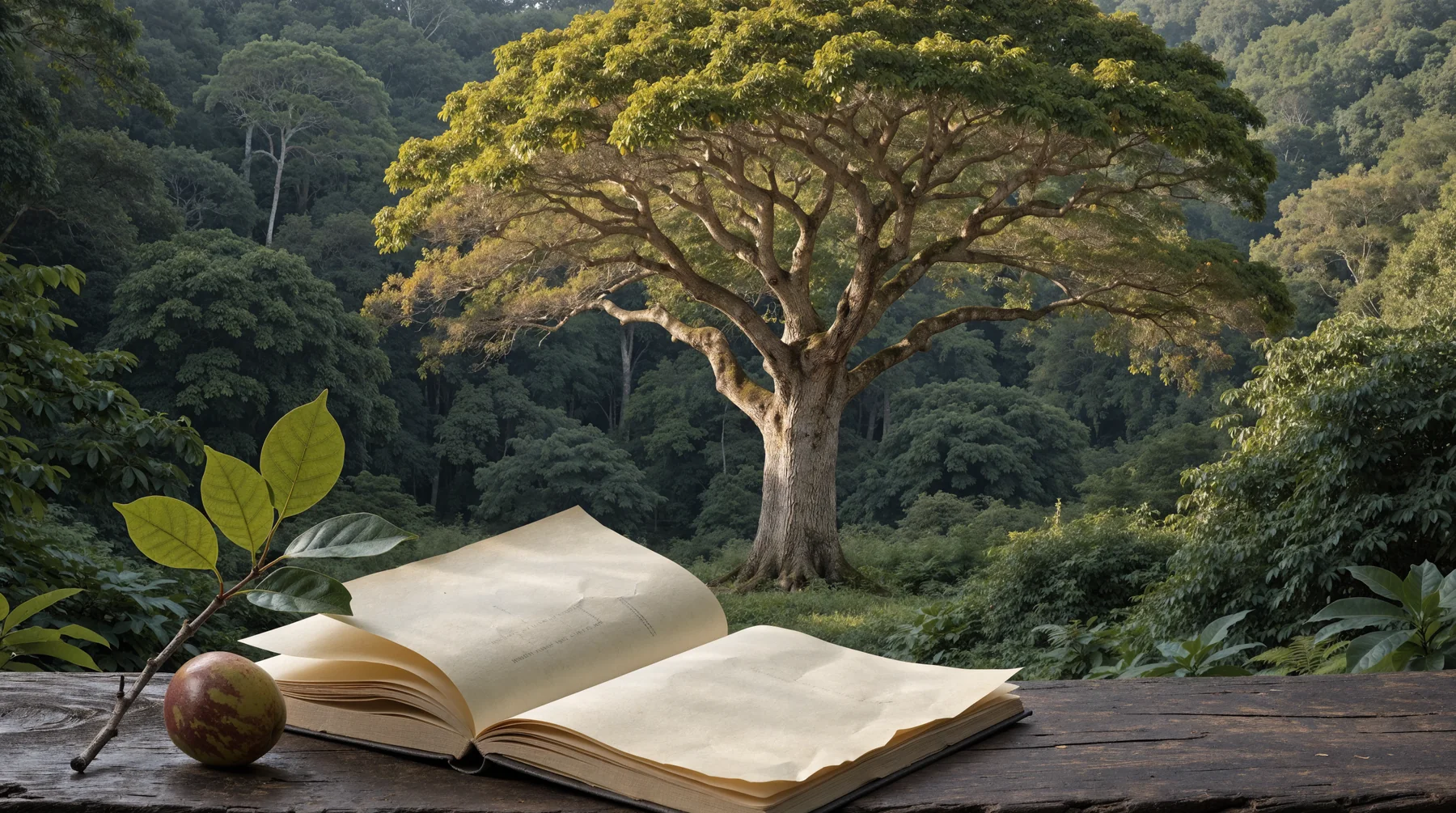 Ilustración conceptual de un árbol tropical junto a una libreta de campo y una rama con hojas.